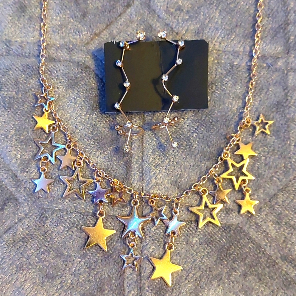 Gold Stars Necklace & Constellation Ear Crawlers